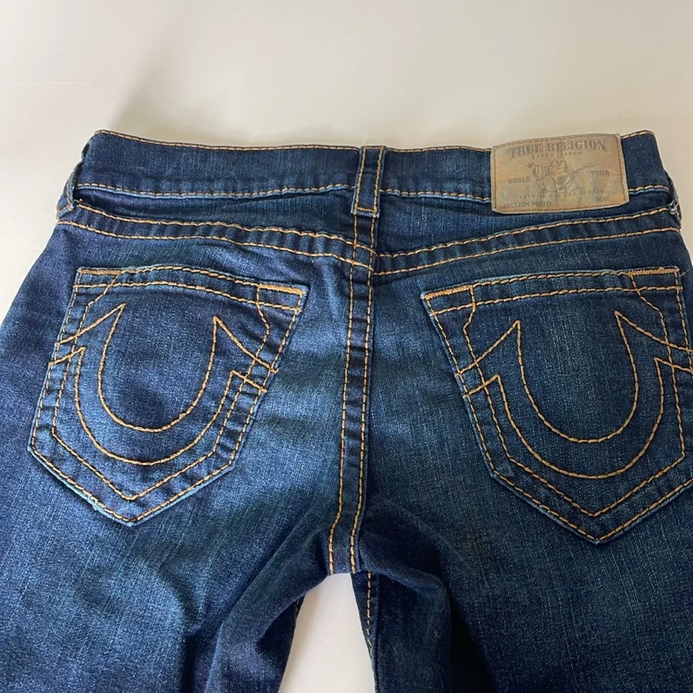 True Religion Ferd  Moto Skinny Jeans Red Orange Big T Dark Wash Size 32